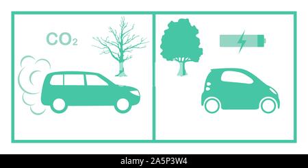 Vector Illustration Vergleich elektrische Umweltfreundliche vs Gas umweltschädliche Autos. Ökologie Konzept. Baum. Umweltschutz. Rauch pollutan Stock Vektor