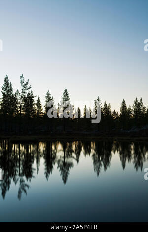 Silhouetten von Bäumen im See widerspiegeln Stockfoto