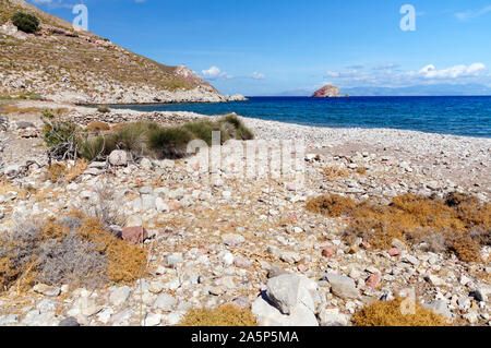 Lethra Strand, Tilos, Dodecanese Inseln, südliche Ägäis, Griechenland. Stockfoto