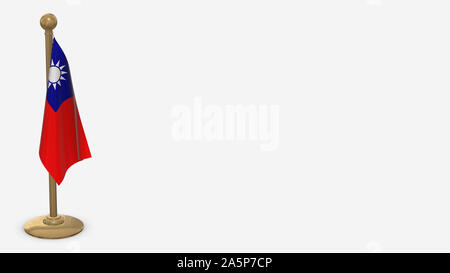Taiwan 3D-Markierung Abbildung hängende auf goldenen Fahnenmast. Auf weißem Hintergrund mit Platz auf der rechten Seite isoliert. Stockfoto