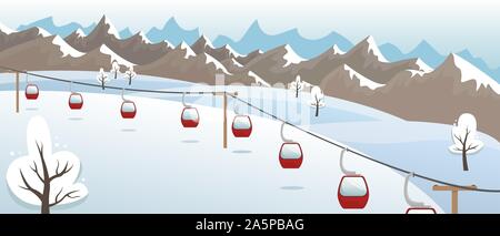 Winter Berglandschaft mit Skiliften auf der Piste. Ski Resort. Flache Vector Illustration. Stock Vektor