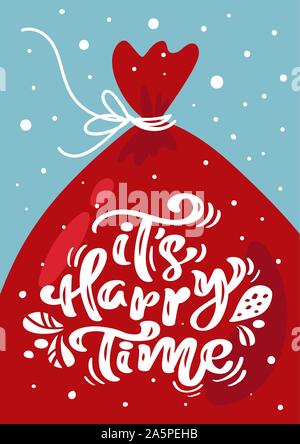 Es glückliche Zeit Vektor skandinavische Weihnachten kalligrafischen vintage Text auf rotem Geschenkbeutel. Grußkartenvorlage mit Vintage Style Elemente Doodle Stock Vektor