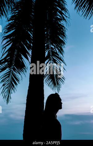 Silhouette einer Frau betrachten unter Palmen Stockfoto
