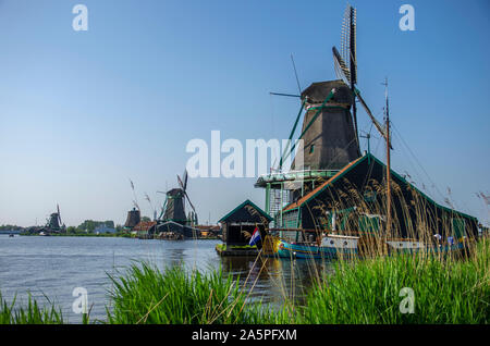 Windmühlen in der "Zaanse Schans" in Zaandam, Amsterdam, Holland Stockfoto