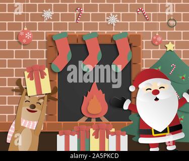 Weihnachtsfeier Hintergrund in Papier schneiden Stil. Weihnachtsmann und Rentier glücklich in einer Partei, in der Sie das Haus vor dem Kamin. Vektor Lllustrat Stock Vektor