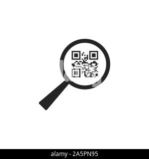 QR-Code, Vergrößerungsglas-Symbol. Vector Illustration, flache Bauform. Stock Vektor