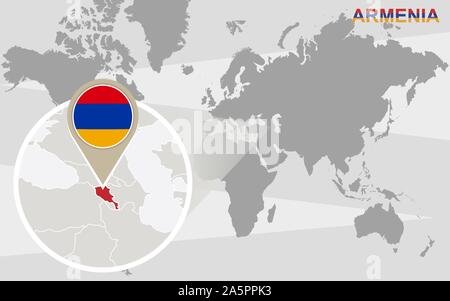Weltkarte mit vergrößerten Armenien. Armenien Flagge und Karte. Stock Vektor