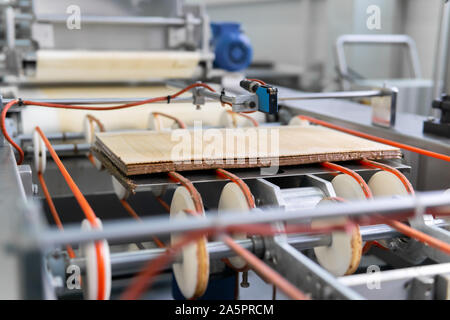 Fertige multi-layer Wafer bewegt sich auf dem Förderband einer Süßwarenfabrik Stockfoto