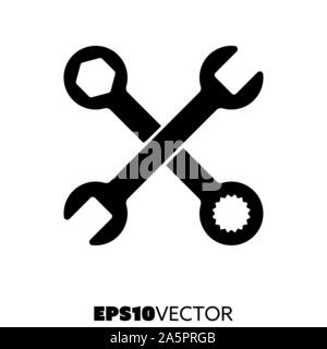 Gekreuzt Schraubenschlüssel schwarze Symbol. Glyphe Symbol der Schraubenschlüssel. Werkzeuge flach Vector Illustration. Stock Vektor
