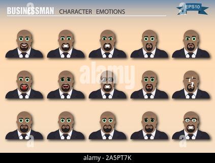 Der Geschäftsmann Emoticons. Die verschiedenen Emotionen des Charakters. Satz von avatar Symbole. Vector Illustration. Stock Vektor