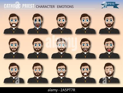 Der katholische Priester Emoticons. Die verschiedenen Emotionen des Charakters. Satz von avatar Symbole. Vector Illustration. Stock Vektor