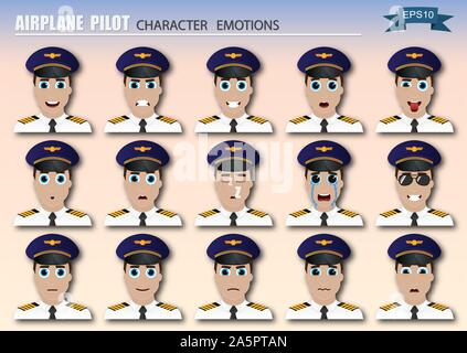 Satz von Flugzeug pilot Emoticons. Die verschiedenen Emotionen des Charakters. Satz von avatar Symbole. Vector Illustration. Stock Vektor
