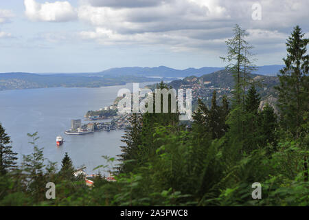 Anzeigen von Bergen, die durch die Bäume vom Mount Floyen im Sommer. Wolken, Fjorde, Berge, Stadtbild, Yachten und Schiffen. Mittel-norwegen, Norwegen. Stockfoto