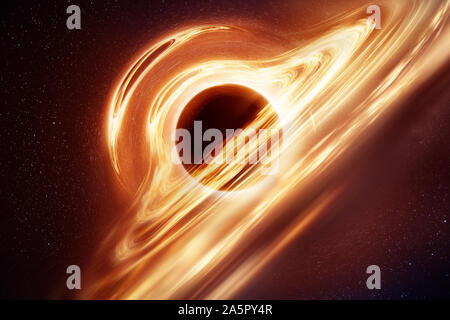 Eine Illustration von dem, was ein Schwarzes Loch mit einer Akkretionsscheibe aussehen kann, basierend auf modernen Verständnis. Die extreme Gravitationsfelder erstellen riesige Stockfoto