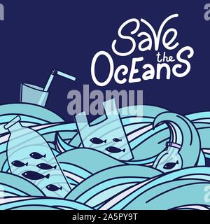 Speichern Sie die ocean Hand gezeichnet Schriftzug. Plastik Müll, Beutel, Flasche, Kunststoff cutleryin conteners, strohhalme und den Ozean. Vector Illustration in doodle Stil. Ozean Konzept Schützen Stock Vektor