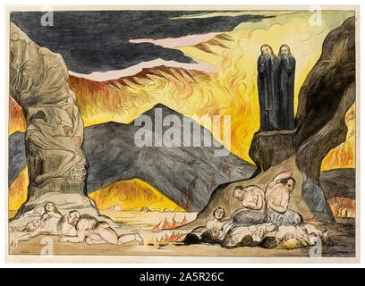 William Blake, Dantes Inferno, der Kreis der Fälscher, Dante und Virgil bedecken ihre Nase wegen des Gestank, Reliefgravur, handkoloriert, Illustration, 1827 Stockfoto