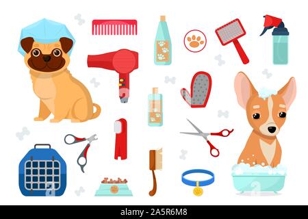 Zubehör für Pflege und Hunde Stock Vektor