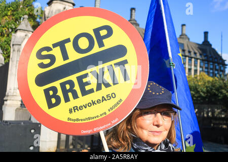 London, UK, 22. Oktober 2019. Ein anti Brexit unterstützer Holding ein Plakat zu den Top Brexit' zeigt vor den Toren des Parlaments als Regierung Opposition den Abzug Abkommen Rechnung und Zeitplan innerhalb der Frist vom 31. Oktober Credit: Amer ghazzal/Alamy leben Nachrichten Stockfoto