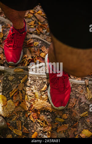 Männliche Beine, auf einem Wanderweg im Herbst die Blätter fallen, Stockfoto