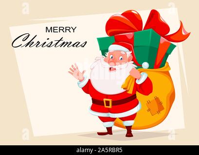 Frohe Weihnachten Grußkarten mit Weihnachtsmann mit Sack voll Geschenke. Lustige cartoon Charakter. Vector Illustration Stock Vektor