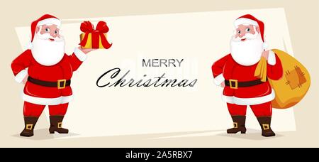 Frohe Weihnachten Grußkarte mit fröhlichen Santa Claus. Cute Santa mit großen Sack mit Geschenken und Holding Geschenkbox. Vector Illustration. Stock Vektor