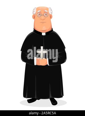 Priester cartoon Charakter. Heiliger Vater stehend mit Kreuz in die Hände. Vector Illustration auf weißem Hintergrund. Stock Vektor