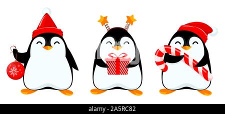 Süße kleine Pinguin, der drei Posen. Lustige cartoon Charakter hält Christmas Ball, hält Geschenkbox und hält große Zuckerstange. Vector Illustration auf Stock Vektor