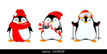 Süße kleine Pinguin, der drei Posen. Lustige Weihnachten penguin cartoon Charakter. Vector Illustration auf weißem Hintergrund. Stock Vektor