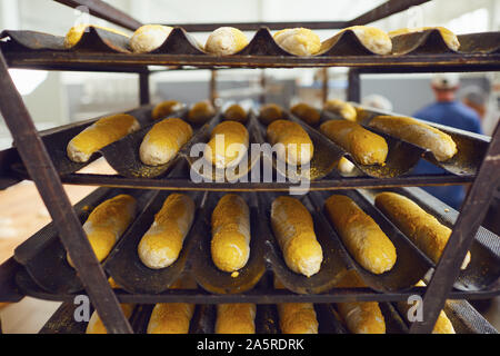 Frische Baguettes auf Regalen in Bäckerei Stockfoto