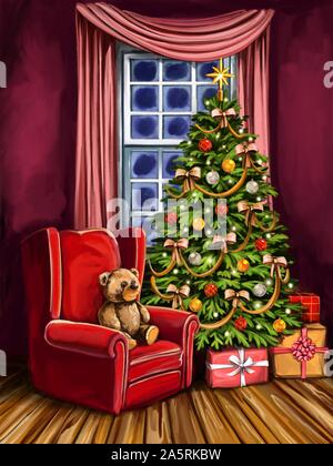 Heiligabend, Zimmer mit Weihnachten Dekoration, Weihnachtsbaum Symbol für Weihnachten und neues Jahr, Grußkarte, Art Illustration mit gemalten Stockfoto