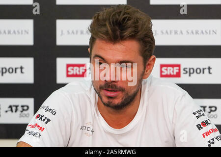 Basel, Schweiz. 22. Okt 2019. Stan Wawrinka der Schweiz sprechen während der medienkonferenz vor seinem Start beim ATP 500 Swiss Indoors in der St. Jakobshalle am 22. Oktober 2019 in Basel, Schweiz. (Foto von Daniela Porcelli/SPP) Credit: SPP Sport Presse Foto. /Alamy leben Nachrichten Stockfoto