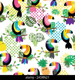 Nahtlos kachelbare Tropischen Vector Pattern mit Flamingos, Tukane, Kakteen und tropische Blätter Stock Vektor