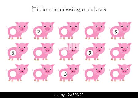 Spiel mit Schweinen für Kinder, ergänzen Sie die fehlenden Zahlen, mittlere Stufe, Bildung Spiel für Kinder, Schule Arbeitsblatt Aktivität, Aufgabe für die Entwicklung Stock Vektor
