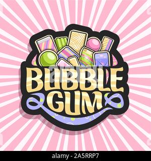 Vektor logo für Bubble Gum, dunkle Zeichen mit Heap von bunten Kauen bubblegums und Obst Gummibärchen Bonbons, ursprünglichen Bürste Schrift für Worte Bubble Gum, Stock Vektor
