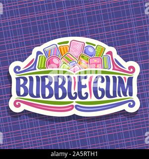 Vektor logo für Bubble Gum, weißes Schild mit Heap von bunten Kauen bubblegums und Obst Gummibärchen Bonbons, ursprünglichen Bürste Schrift für Worte Bubble Gum, Stock Vektor