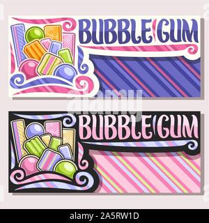 Vektor Banner für Bubble Gum mit Kopie Raum, Haufen von bunten Kauen bubblegums und Obst Gummibärchen Bonbons, ursprünglichen Bürste Schrift für Worte bubble g Stock Vektor