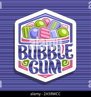 Vektor logo für Bubble Gum, weißes Schild mit Heap von bunten Kauen bubblegums und Obst Gummibärchen Bonbons, ursprünglichen Bürste Schrift für Worte Bubble Gum, Stock Vektor