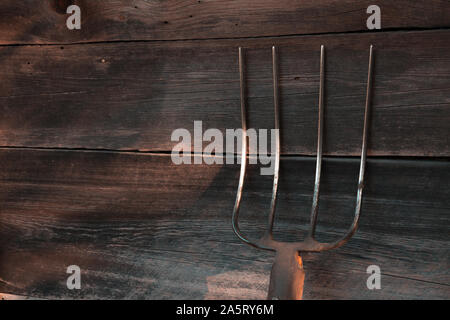 Pitchfork. Auf dem Hintergrund der alten hölzernen braun Wand. Stockfoto