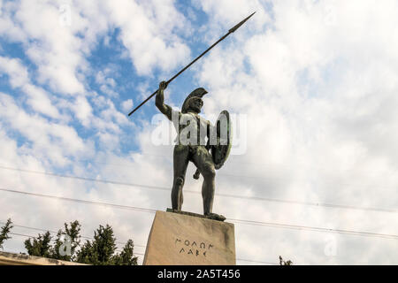 Thermopylae, Griechenland. Denkmal Denkmal für König von Sparta Leonidas, der 300 Spartaner und die 700 Mimen, die an der Schlacht von Thermopylae kämpfte Stockfoto