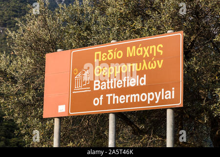 Thermopylae, Griechenland. Denkmal Denkmal für König von Sparta Leonidas, der 300 Spartaner und die 700 Mimen, die an der Schlacht von Thermopylae kämpfte Stockfoto