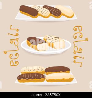 Vektor icon Abbildung: Logo für Kuchen französische Eclair mit Vanillesauce Creme. Eclair Muster bestehend aus verschiedenen farbigen süßen französischen Dessert confectio Stock Vektor