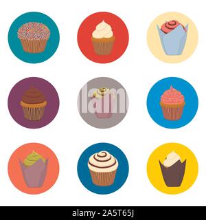 Vector Icons Abbildung Logo von Satz Symbole für süßen Kuchen. Cupcake Muster bestehend aus flachen Design mit Elementen mobile Web Apps. Sammlung Stock Vektor