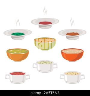 Vector Illustration für heiße Keramik Schüssel, große Platte mit verschiedenen hausgemachten Suppen mit Brühe und Gemüse gefüllt. Suppe Set bestehend aus Schalen Witz Stock Vektor