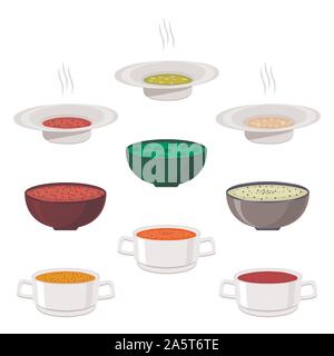 Vector Illustration für heiße Keramik Schüssel, große Platte mit verschiedenen hausgemachten Suppen mit Brühe und Gemüse gefüllt. Suppe Set bestehend aus Schalen Witz Stock Vektor