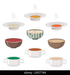 Vector Illustration für heiße Keramik Schüssel, große Platte mit verschiedenen hausgemachten Suppen mit Brühe und Gemüse gefüllt. Suppe Set bestehend aus Schalen Witz Stock Vektor