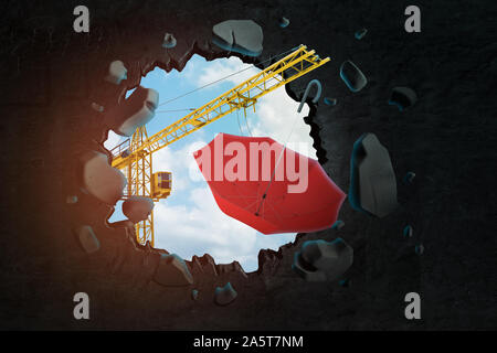 3D-Rendering von hebekran roten Regenschirm und das Schwarze Loch in die Wand, dass sie es mit blauem Himmel durch gesehen. Stockfoto