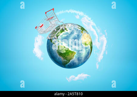 3D-Rendering von Erde mit riesigen Supermarkt Trolley stehen auf der einen Seite des Planeten. Stockfoto