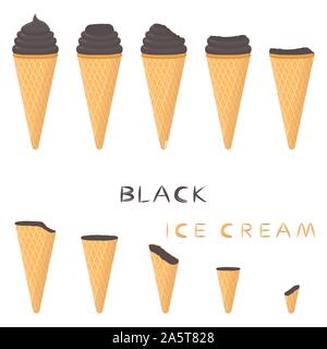 Vector Illustration für natürliche schwarze Eis Waffel Kegel. Eis, das aus süßen kaltes Eis, lecker frozen Dessert. Frisches Obst Stock Vektor