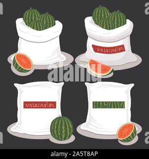 Vector Illustration logo für Taschen mit roten Wassermelone gefüllt, Speicherung in Säcken. Wassermelone Muster bestehend aus reif essen, Rohstoff auf offenen Sack. Stock Vektor