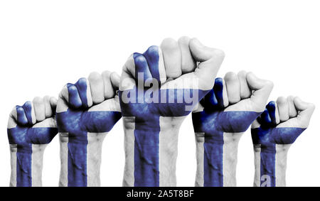 Eine erhobene Faust eines Demonstranten mit dem Finnland Flagge bemalt Stockfoto